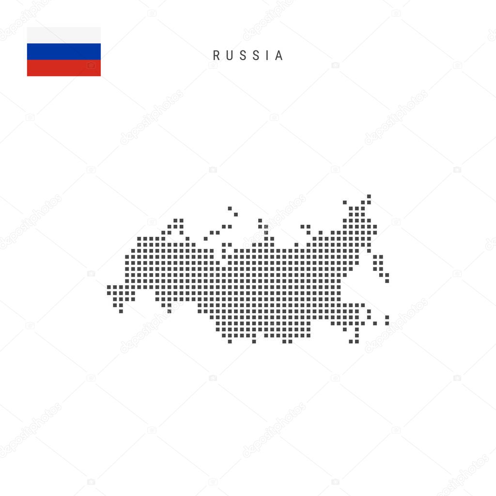 Square dots pattern map of Russia. Russian dotted pixel map with national flag isolated on white background. Vector illustration.