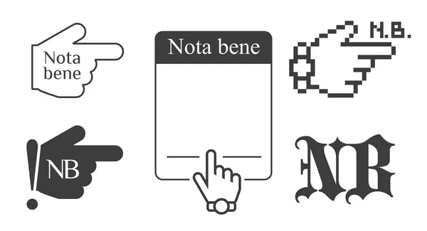 Nota bene latin phrase black icons. Dedo índice y cuadro de texto vacío. Ilustración vectorial aislada — Vector de stock