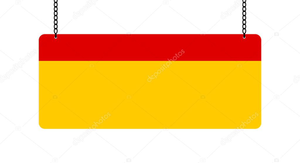 Hanging red and yellow sign. Empty text box. Isolated vector illustration