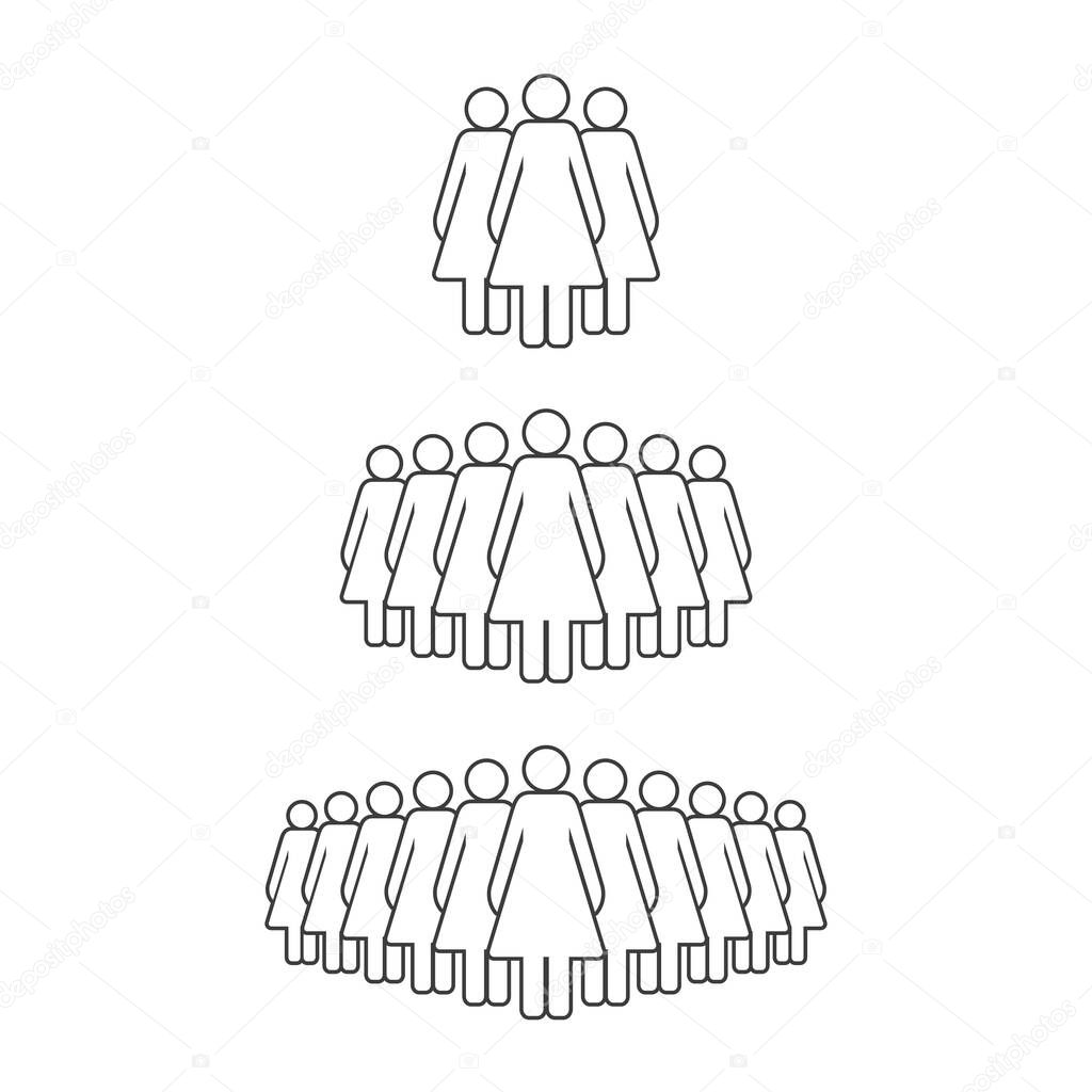 Small, medium and large group of women. Female people crowd line icon. Persons symbol isolated. Vector illustration.