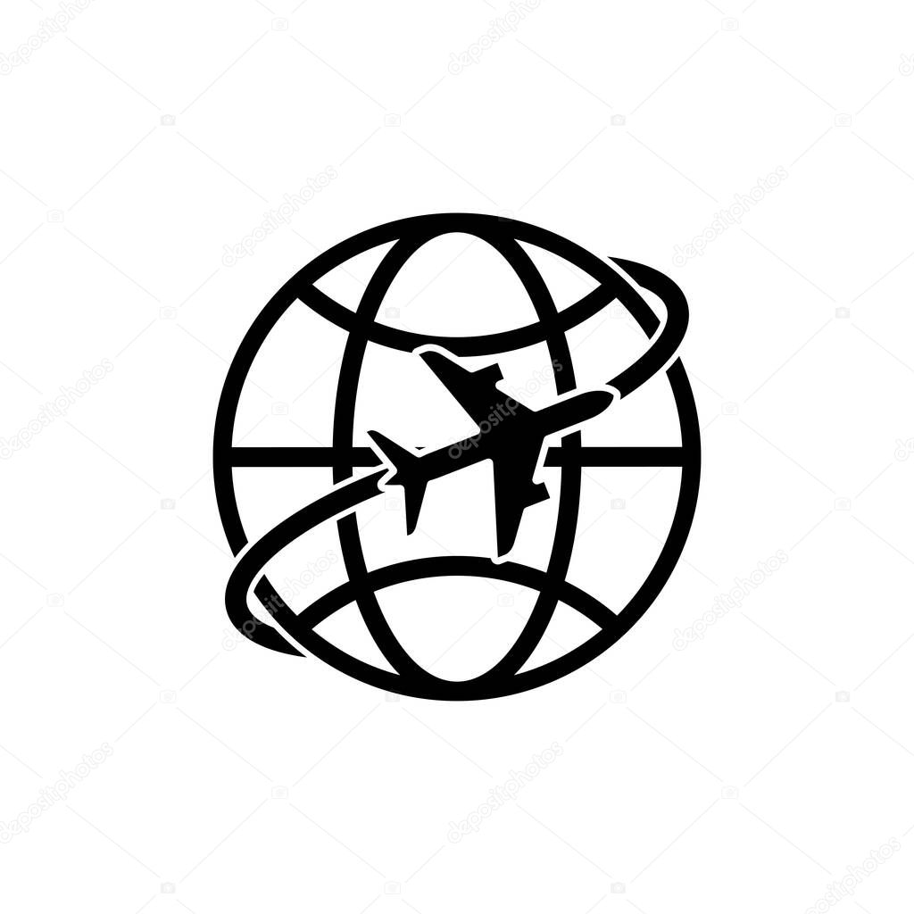 Airplane around the globe black emblem. Global tourism symbol. Jet flying around earth icon. Vector illustration.