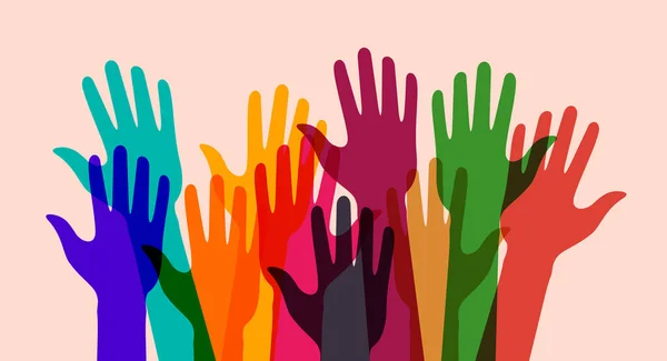 Mãos Para Cima Coloridas Conceito Caridade Voluntariado Doação Levantei Mãos — Vetor de Stock