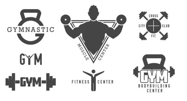 Placas Levantamiento Pesas Pegatinas Emblemas Etiquetas Fitness Monocromáticas Ilustración Vectorial — Vector de stock