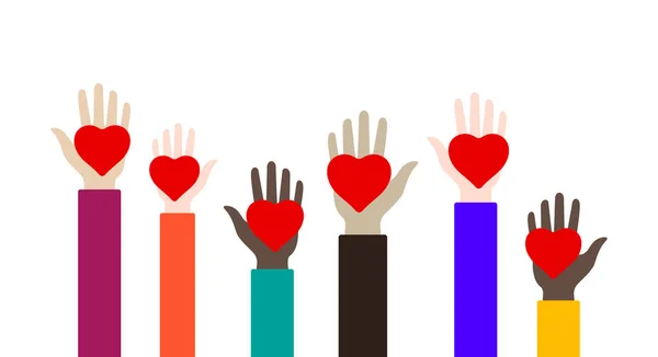 Παιδικά Χέρια Κόκκινες Καρδιές Διάφορα Χρώματα Φιλανθρωπία Εθελοντισμός Και Δωρεά — Διανυσματικό Αρχείο