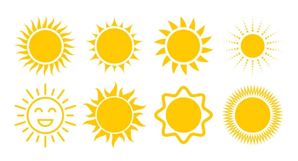 Icône Soleil Jaune Divers Symboles Formes Solaires Illustration Vectorielle Plate — Image vectorielle