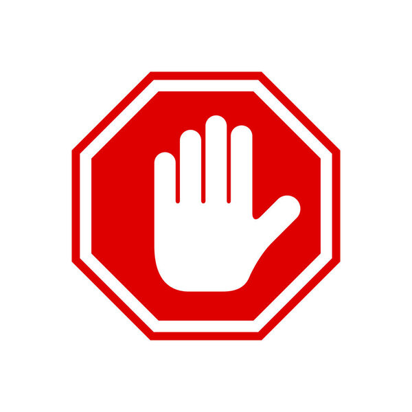 Red stop roadsign with simple hand symbol icon. No symbol isolated on white. Stop hand icon. Vector illustration.