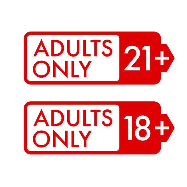 18, 21, plus years old icon vector set. Adults content. 18, 21 age restriction signs. Eighteen and twenty one plus years sticker, badge, rectangular red label.