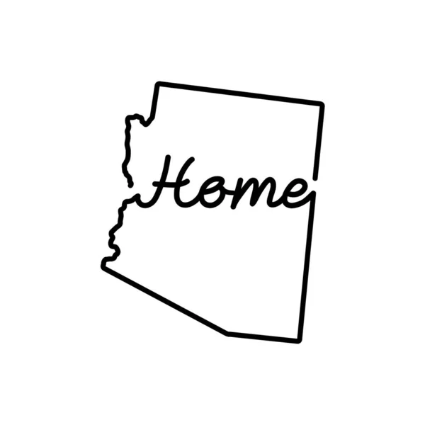 アリゾナ州は手書きのホームワードで地図をアウトラインします 愛国的なホームサインの連続線画 小さな故郷への愛 内装のアイデア ベクターイラスト — ストックベクタ