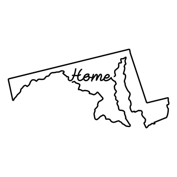 Меріленд США окреслює карту з рукописним словом HOME. Безперервний малюнок патріотичного домашнього знаку. — стоковий вектор