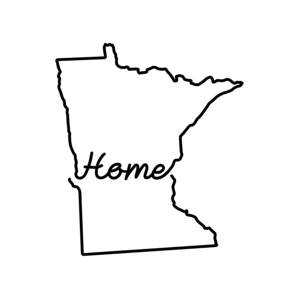 Minnesota EE.UU. mapa del contorno del estado con la palabra HOME manuscrita. Dibujo continuo del signo patriótico de la casa — Vector de stock