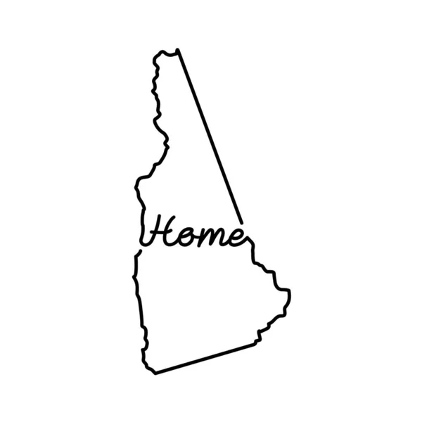 New Hampshire EUA estado esboço mapa com a palavra HOME manuscrito. Desenho de linha contínua de sinal de casa patriótico — Vetor de Stock