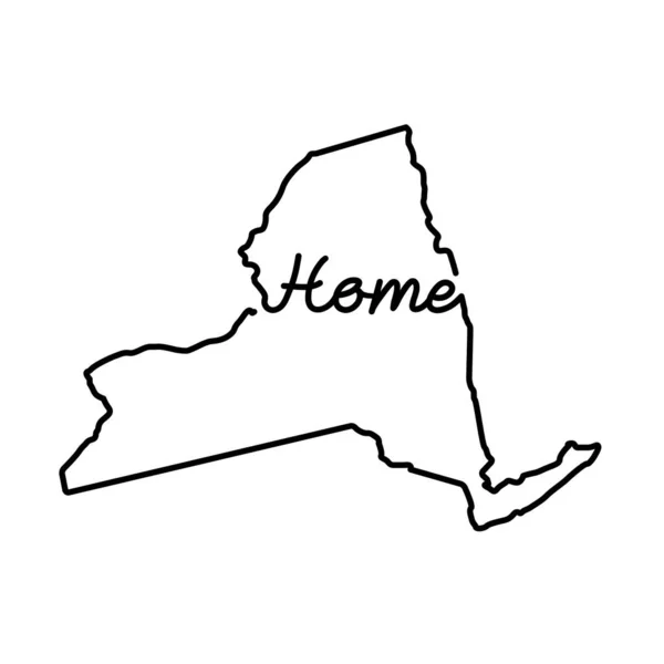 New York US state outline map with the handwritten HOME word. Continuous line drawing of patriotic home sign — Stock Vector