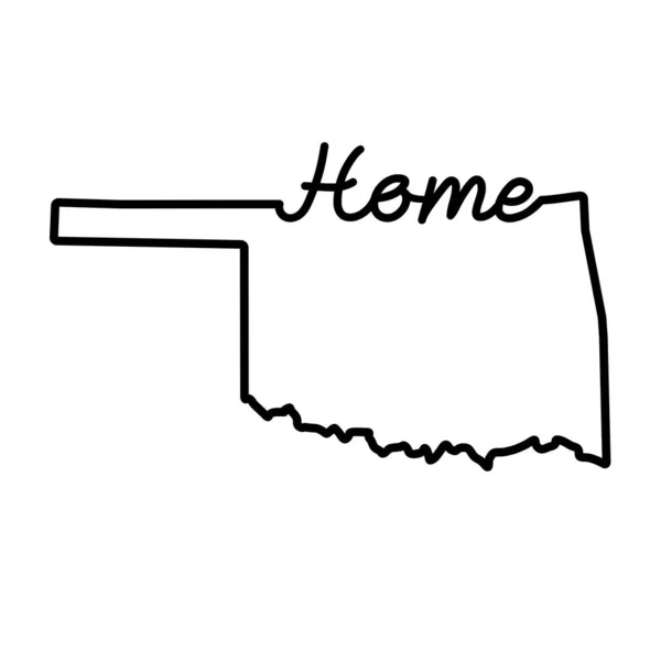 Oklahoma Mappa di stato degli Stati Uniti con la parola HOME scritta a mano. Disegno di linea continuo del segno domestico patriottico — Vettoriale Stock