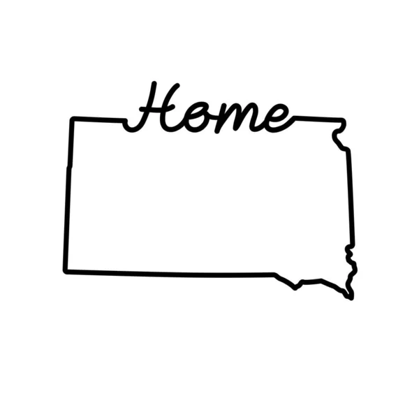 Dakota del Sur Esquema del estado de EE.UU. mapa con la palabra HOME manuscrita. Dibujo continuo del signo patriótico de la casa — Vector de stock