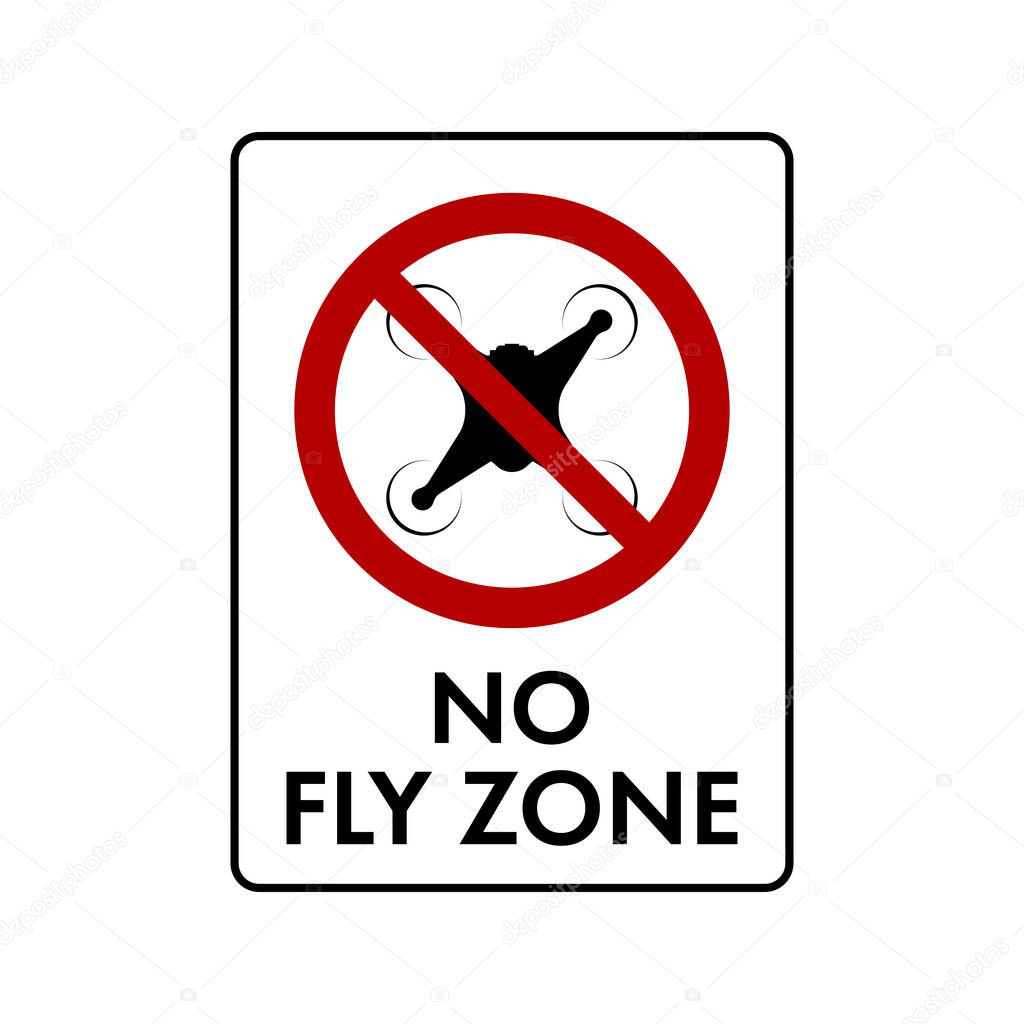 No drone zone sign. No drones icon. Flights with drone circle backslash symbol, nay, prohibited symbol, dont do it icon isolated on white. Vector illustration.