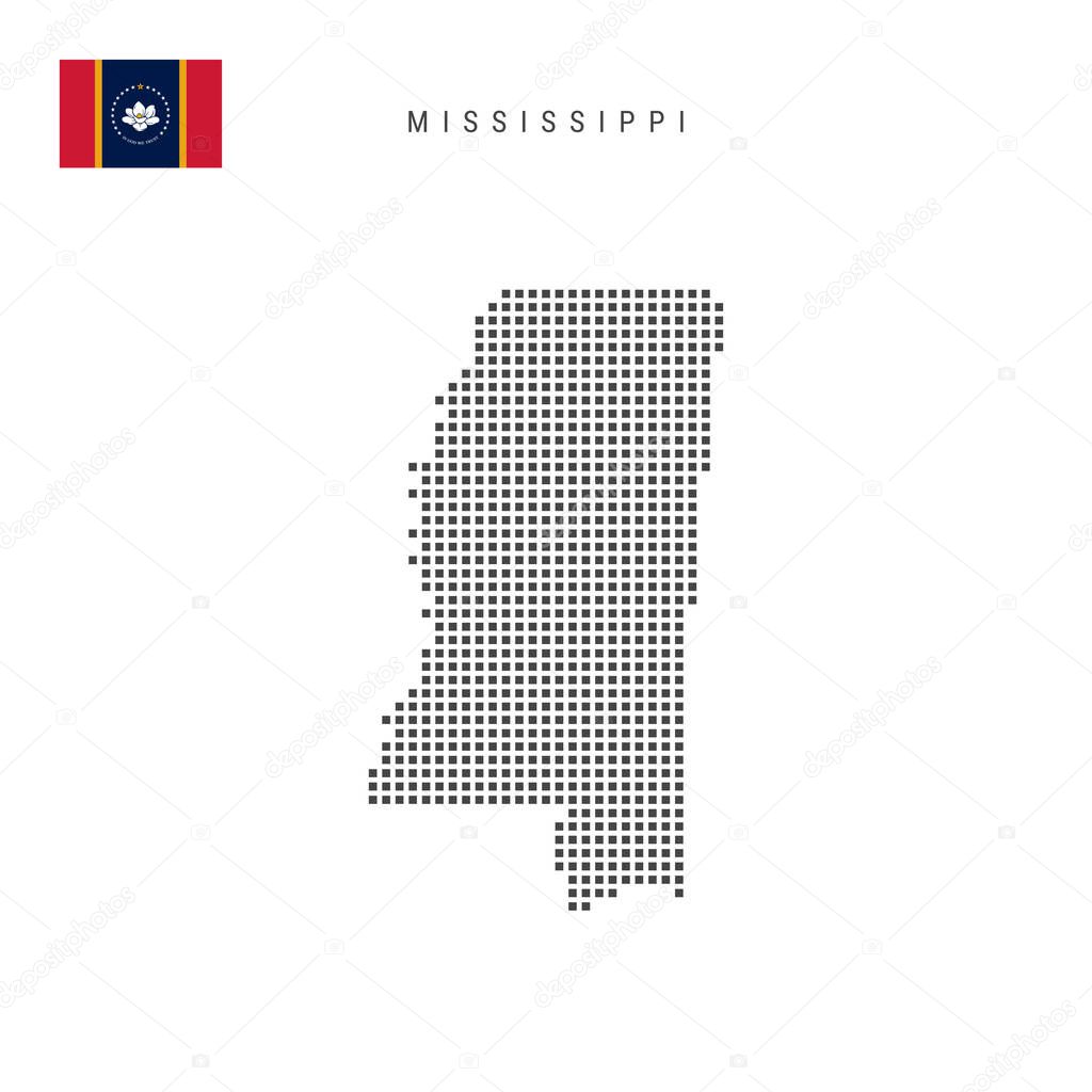 Square dots pattern map of Mississippi. Dotted pixel map with flag isolated on white background. Vector illustration.