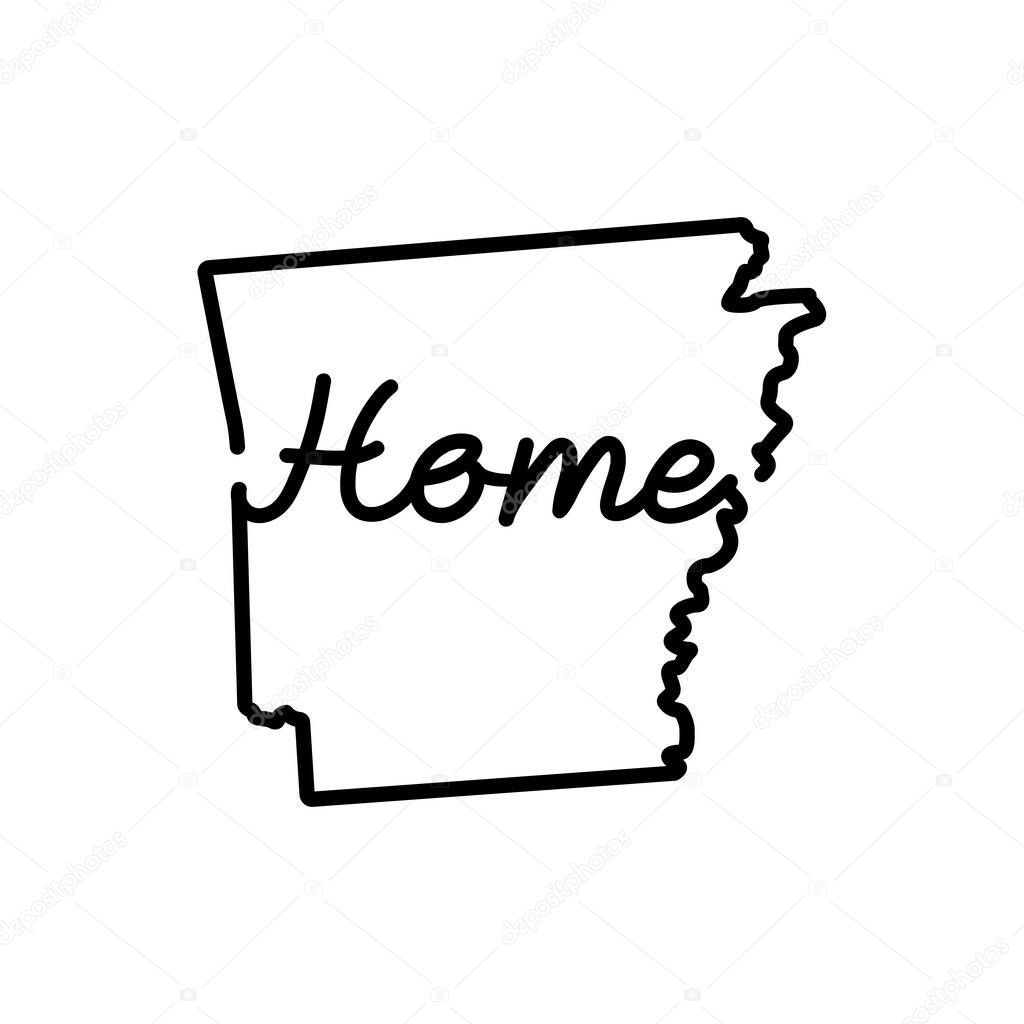 Arkansas US state outline map with the handwritten HOME word. Continuous line drawing of patriotic home sign. A love for a small homeland. Interior decoration idea. Vector illustration.