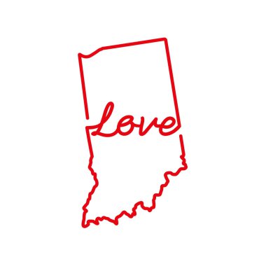 Indiana eyaleti kırmızı hat haritası ve el yazısıyla yazılmış aşk kelimesi. Sürekli vatansever ev tabelası çiziyor. Küçük bir vatana duyulan sevgi. İç dekorasyon fikri. Vektör illüstrasyonu.