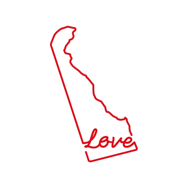 Delaware State Red Outline Map Handwritten Love Word Continuous Line — Stock Vector