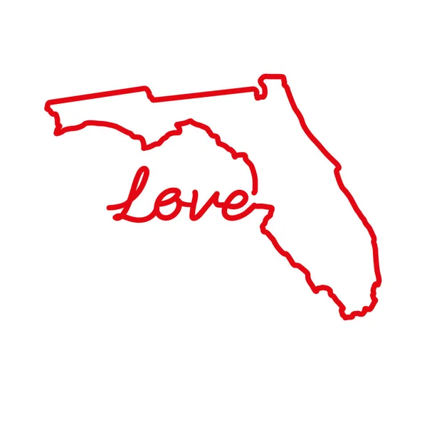フロリダアメリカ州は手書きのLoveワードで赤いアウトラインマップを表示します 愛国的なホームサインの連続線画 小さな故郷への愛 内装のアイデア ベクターイラスト — ストックベクタ