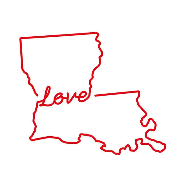 路易斯安那州美国州的红色轮廓图与手写的爱的字 爱国家庭标志的连续线条绘制 对一个小家园的爱室内装饰的想法 矢量说明 — 图库矢量图片