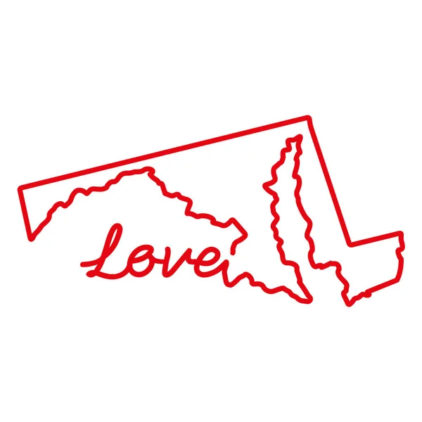 Меріленд, США - червона контурна карта з написаним вручну словом LOVE. Приклад вектора — стоковий вектор