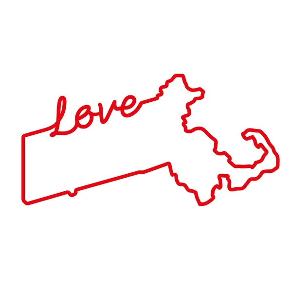 Massachusetts US state red outline map with the handwritten LOVE word. Vector illustration — Stock Vector