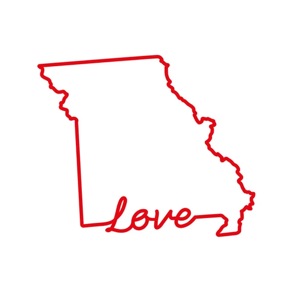 Missouri eyaleti kırmızı hat haritası ve el yazısıyla yazılmış aşk kelimesi. Vektör illüstrasyonu — Stok Vektör
