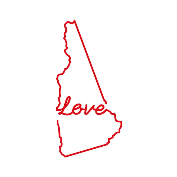 Die rote Umrisskarte des US-Bundesstaates New Hampshire mit dem handgeschriebenen LIEBE-Wort. Vektorillustration — Stockvektor