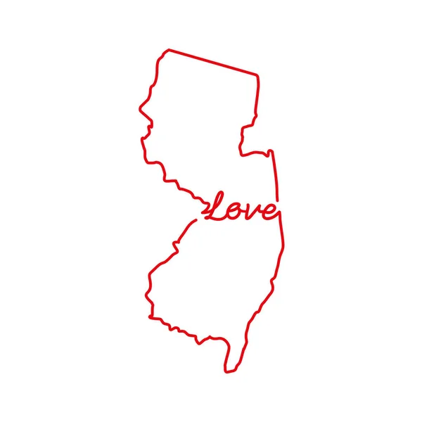 New Jersey eyaleti kırmızı hat haritası ve el yazısıyla yazılmış aşk kelimesi. Vektör illüstrasyonu — Stok Vektör