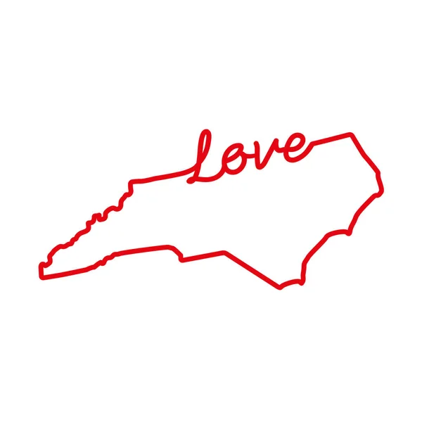 North Carolina US delstatsröd konturkarta med det handskrivna ordet KÄRLEK. Vektorillustration — Stock vektor