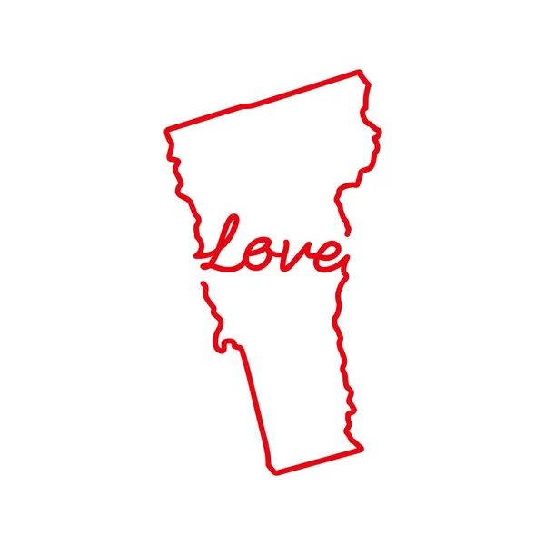 Vermont US state red outline map with the handwritten LOVE word. Vector illustration — Stock Vector