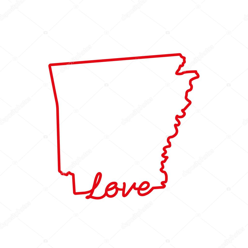 Arkansas US state red outline map with the handwritten LOVE word. Continuous line drawing of patriotic home sign. A love for a small homeland. Interior decoration idea. Vector illustration.
