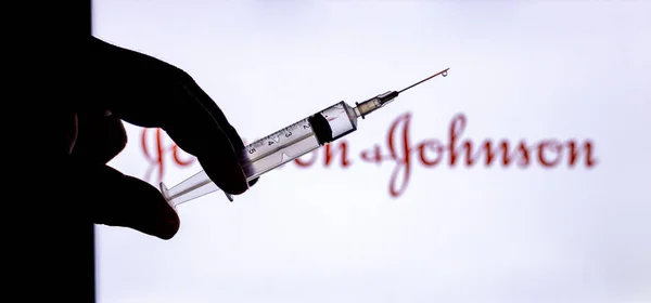 Kathmandu Nepal February 2021 Syringe Injection Placed Johnson Johnson Logo — Stock Photo, Image