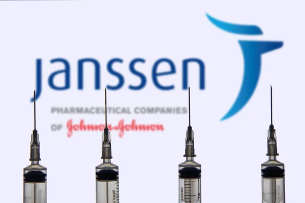 Kathmandu Nepal Februar 2021 Janssen Pharmaceutical Companies Logo Gegen Spritze — Stockfoto