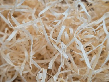 Doğal ahşap talaşlarının dikey makro görüntüsü. Çevre dostu ahşap dolgu dokusu