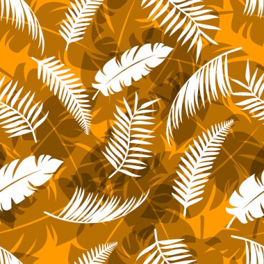 Tropik yapraklar. Palmiye yaprakları olan pürüzsüz bir doku. Seyahat ve turizm endüstrisinin afişi, yaz sezonu. Sarı çiçekli tasarım ögesi, kumaşlar için yazdırma.
