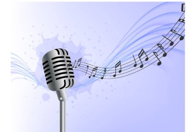 Müzik geçmişi. Renkli arkaplanda gerçekçi bir mikrofon, vektör illüstrasyonu