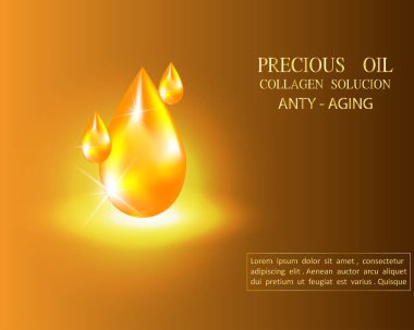 Altın petrol damlası, altın serumun parlak ışıklarla altın bir zemin üzerine düşmesi. İlan şablonu, broşür, kozmetik ürünlerinin tanıtımı için afiş, spa