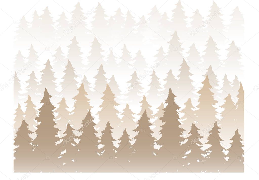 Vector panorama of wild coniferous forest in morning fog