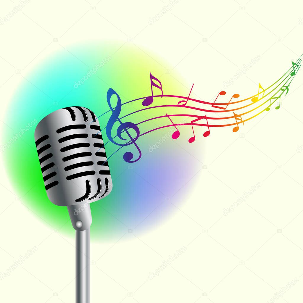 Music background. Realistic microphone on colorful background, vector illustration