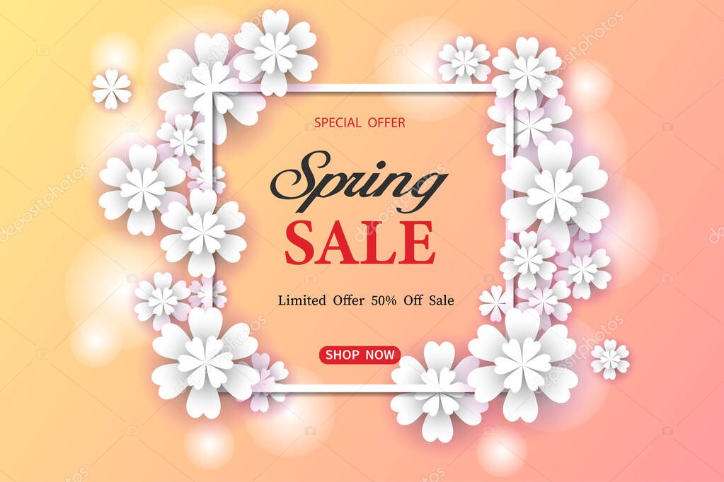 Spring banner with paper flowers for online stores, promotions, magazines and websites. Vector illustration