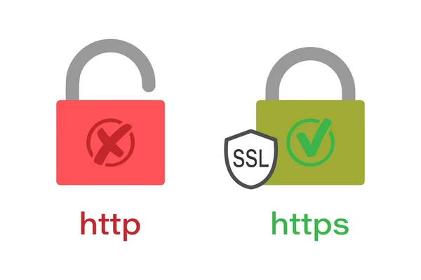  HTTP ve HTTPS protokolleri. Güvenli ve güvenilir web taraması. Vektör illüstrasyonları.