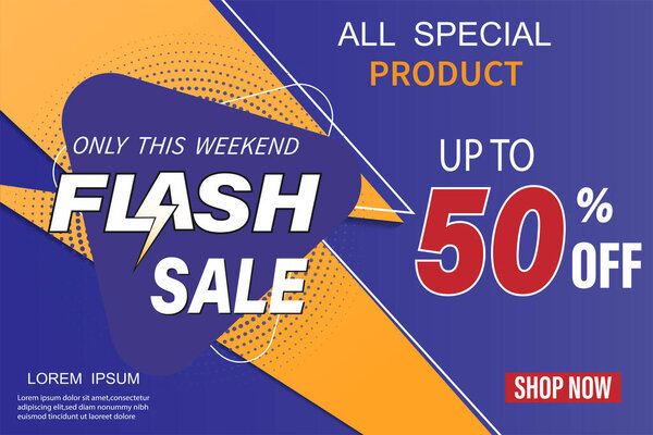  Design of the flash sale banner template.50% discount.The offer is limited in time.Lightning flash with text in yellow and blue background. Vector illustration.