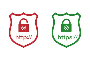 Http ve Https protokolleri kalkanda kilitli. Güvenli ve güvenilir bir tarama. Vektör illüstrasyonları.