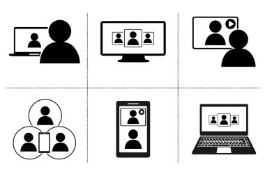  Evde çalış. İnternet konferansı için vektör simgeleri seti. Siyah illüstrasyon grafik ve web tasarımı için izole edilmiştir.