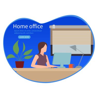  Ev ofisinde çalışan bir kadın. Karakter bir odada bir masada oturuyor, bir bilgisayar ekranına bakıyor ve çevrimiçi meslektaşlarıyla konuşuyor. Merkez ofis kavramı. Düz vektör çizimleri.