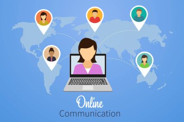  Çevrimiçi iletişim. Dünyanın dört bir yanındaki insanlar telekonferans, dizüstü bilgisayar konsepti üzerinde uzaktan çalışma, düz vektör illüstrasyonları ya da internet üzerinden iletişim kuruyor.