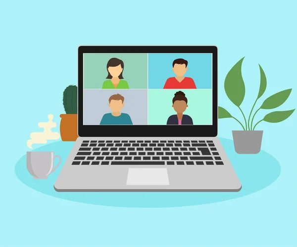Άνθρωποι Συνδέονται Μεταξύ Τους Μελετούν Συναντιούνται Στο Διαδίκτυο Μέσω Τηλεδιάσκεψης — Διανυσματικό Αρχείο