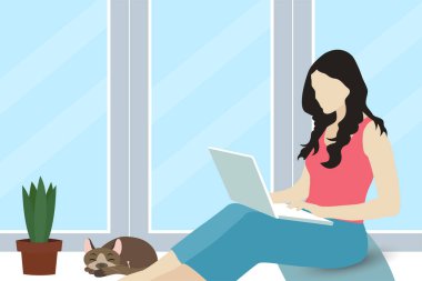  Kız evde çalışıyor. Bir kadın pencerede oturuyor ve dizüstü bilgisayarla çalışıyor. Uzaktan kumandalı, serbest. Koronavirüs salgını sırasında kendini izole etme. Odanın içinde. Düz vektör çizimleri